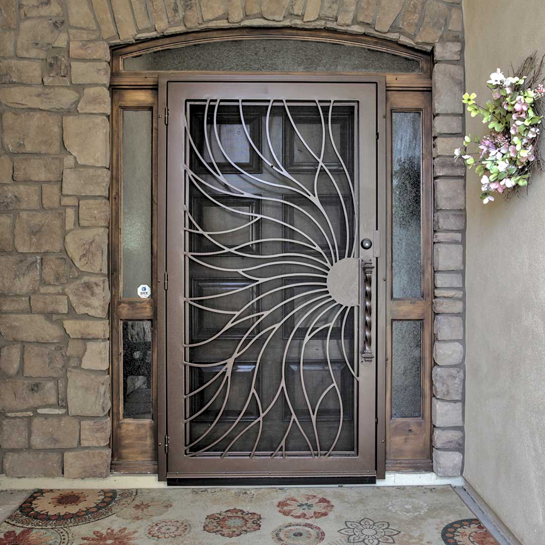 Gorgeous iron security door with iron and glass sidelights and transom