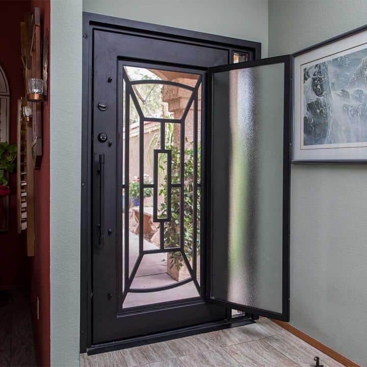 First Impression Ironworks Iron Entry door with a glass panel that opens to allow airflow through the home.