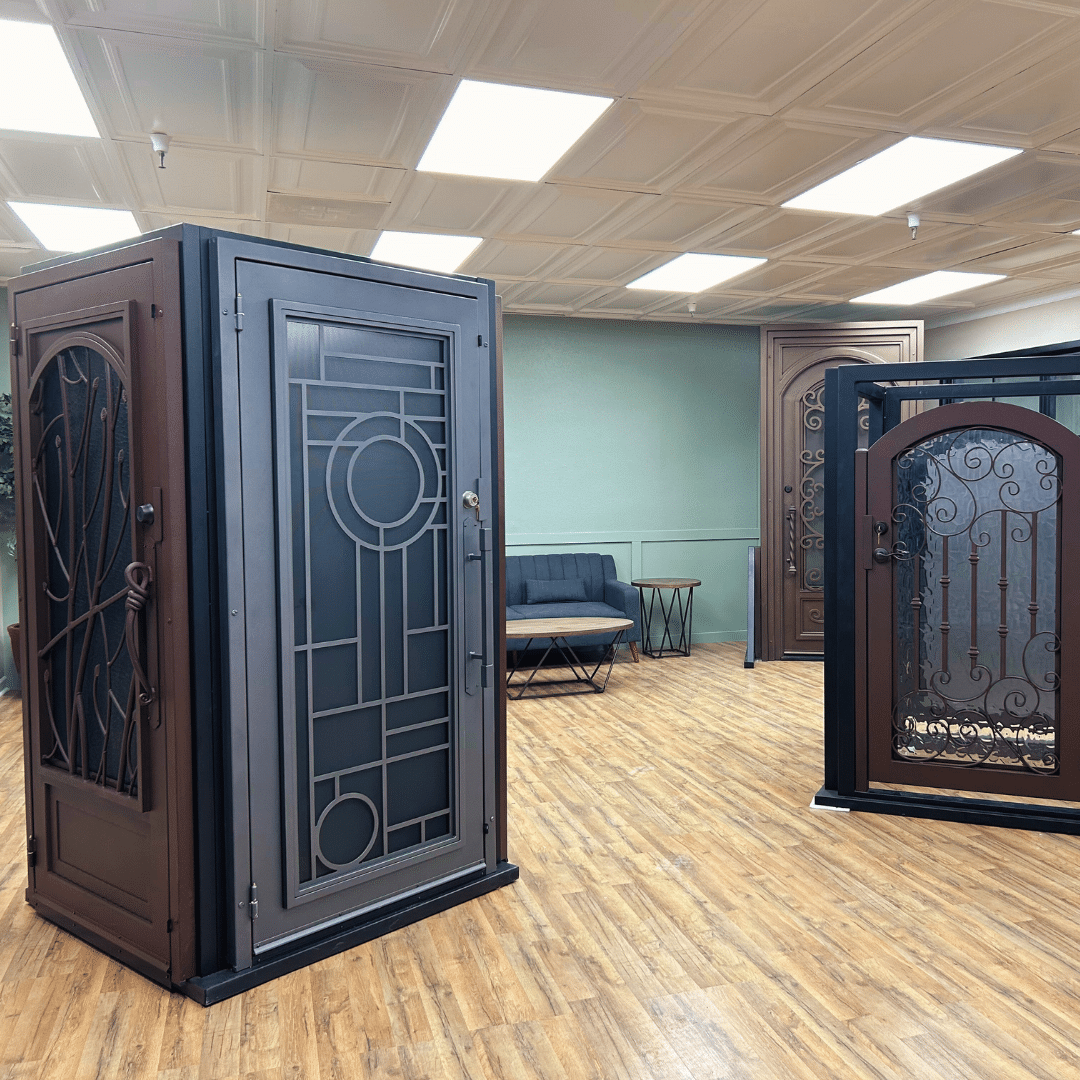 Multiple displays at the Scottsdale First Impression Ironworks, displaying both iron security doors and iron entry doors