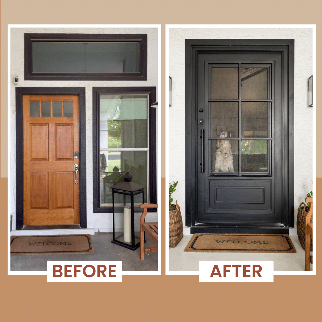 Two images showing the before and after of a wooden front door that was replaced by a First Impression Ironworks Iron Entry Door