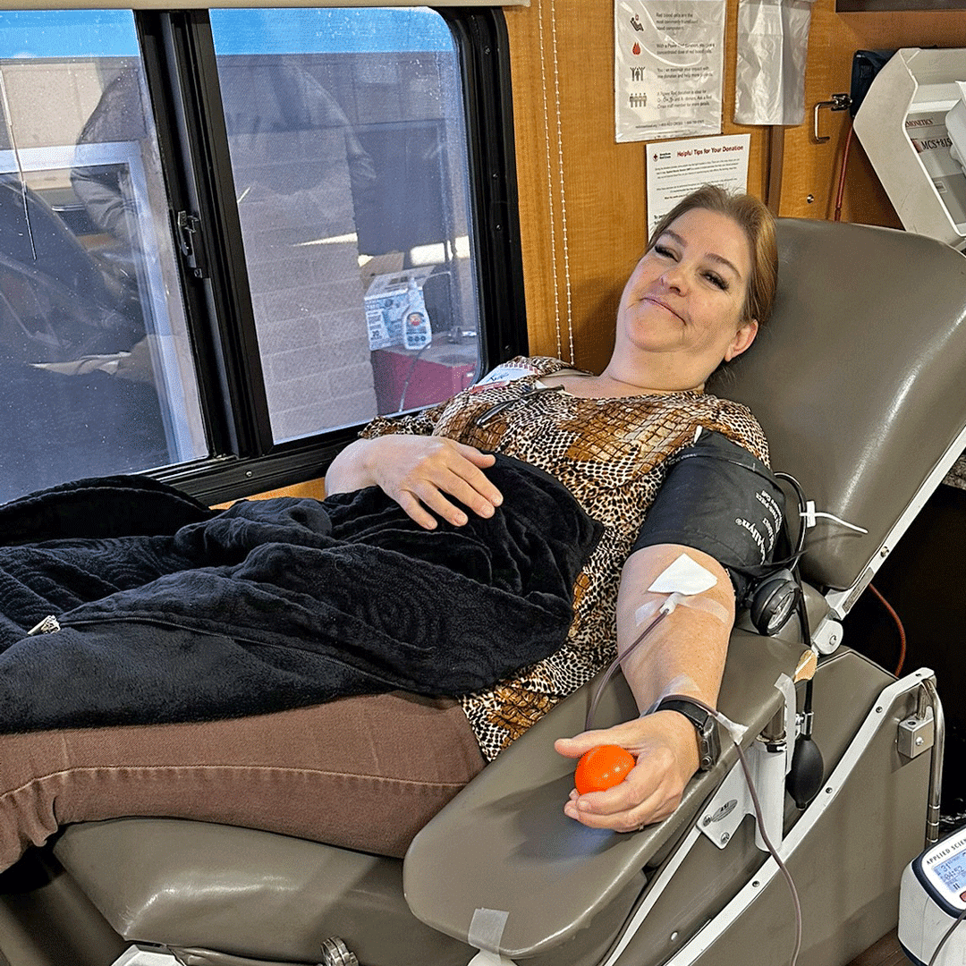 First Impression Ironworks employee donating blood