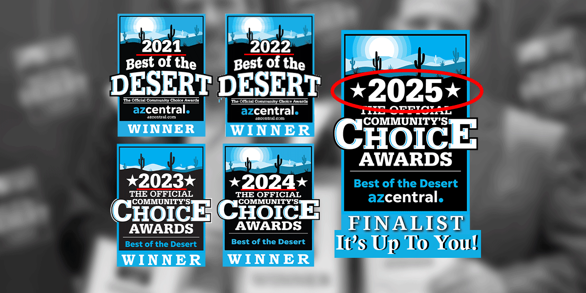 Collage of Best of the Desert logos, showing that First Impression Ironworks won in 2021, 2022, 2023 and 2024.  It also indicates that they are a finalist in 2025.