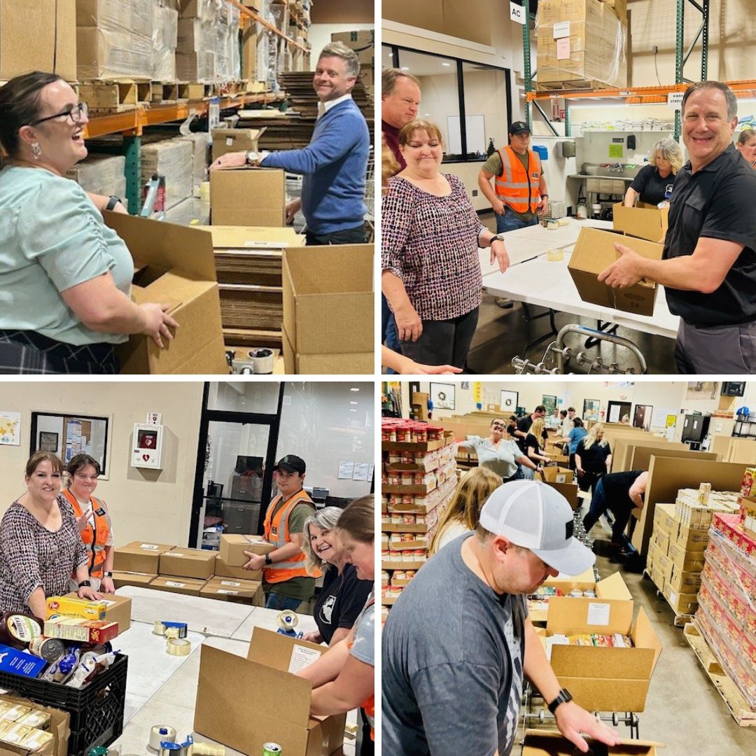 Collage of images showing all of the First Impression Ironworks team members who volunteered their time at Midwest Food Bank